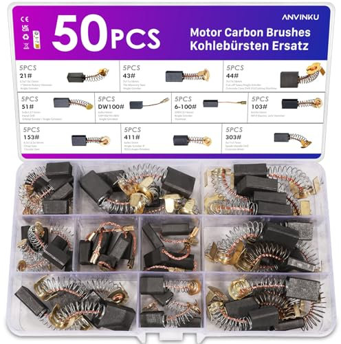 ANVINKU 50PCS Carbon Brushes for Power Tools, 10 Sizes Electric Motor Carbon Brush Set, Carbon Brush Replacements Compatible with Angle Grinder, Electric Hammer Drills, Circular Saws