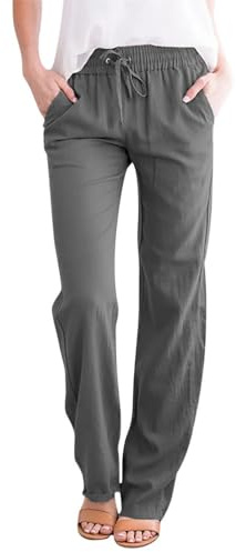 Godoboo Hose Damen Leinen Sommerhose Leichte Baumwolle Leinenhose Stoffhose Bequeme Einfarbig Freizeithose Straight Leg Strandhose Sommerhose mit Taschen Casual