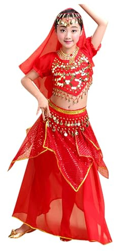 Kinder Mädchen Bauchtanz Kostüme 5-teiliges Set Rock + Oberteil + Taillengürtel + Schleier + Halskette Belly Dance Costumes Indische Tanzkleidung Hip Hop Street Dance Outfits Tanzkostüm