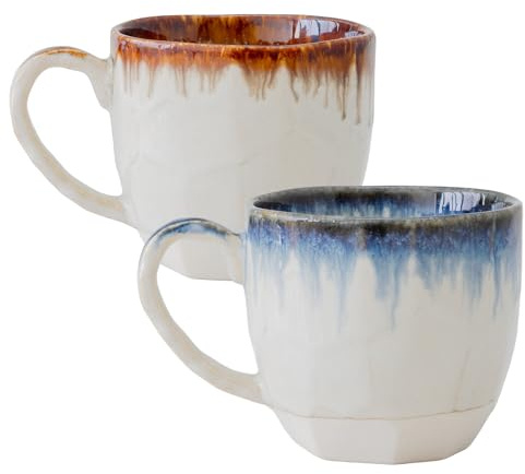 Asayu Japan Set de Tazas de Cerámica Drip Azul y Marrón - Tazas Japonesas Hechas a Mano con Efecto de Esmalte en el Borde (Set de 2)