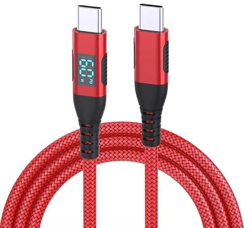 J & R Braided USB Cable, LED display, 60W PD Fast Charging, 1 Metre (USB-C to USB-C, Red)