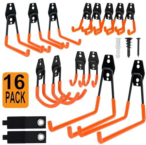 QUELIEN Lot de 16 crochets muraux de garage – Crochets muraux de garage pour porte-tuyaux, câbles et outils, systèmes de rangement peu encombrants pour garage, atelier et maison