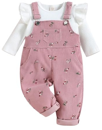 UUAISSO Vestiti per Bambine Top a Maniche Lunghe in Maglia Coste Pantaloni con Bretelle Floreali e Tasche Set Di Abiti