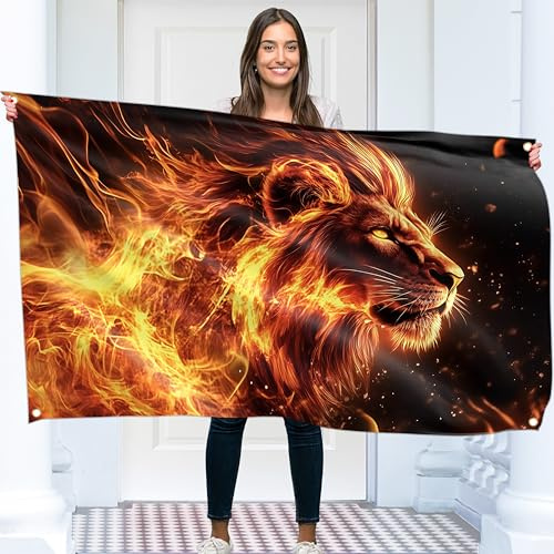 Bandera de león – Bandera grande divertida – Poliéster 110D – Doble costura – 4 ojales de latón, grande 90 x 150 cm (5 x 3 pies)
