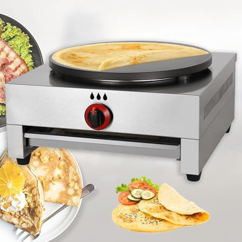 WOTZOV Crepera a Gas Comercial, de un Solo Cabezal, con Placas de Hierro Fundido de 40 cm, Bandeja recogedora de residuos y sartén Antiadherente, para Huevos, panqueques, tortil