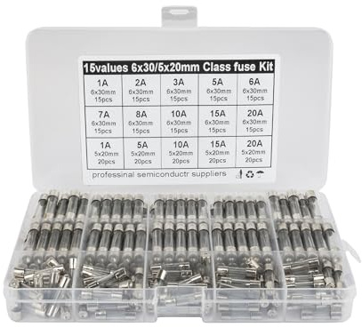 HAOKETAI Fuse Kit,15 Values 250 Pcs Glass Fuses Assortment Kit ，5x20mm 250V 1 5 10 15 20A 6x30mm 250V 1 2 3 5 6 7 8 10 15 20A Fuses.