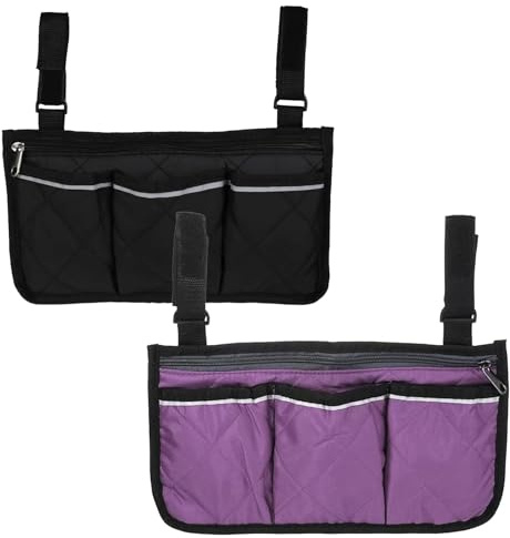 2 Pcs Rollstuhltasche Hinten Rollstuhl Tasche Rollstuhl Zubehör Rollstuhltasche Armlehne Tasche für Rollator Hängend, Mit Reflektierenden Streifen, Geeignet für Gehhilfen(Schwarz+Violett)