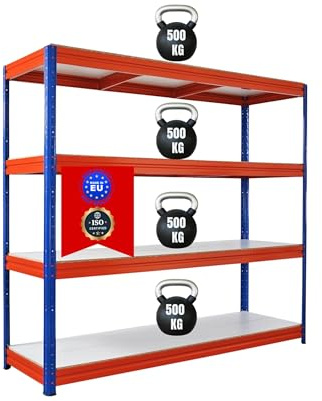 PROREGAL Schwerlastregal Dino 180x200x60cm 4 Melamin-Ebenen 16mm Fachlast 500kg Blau/Orange, Garagenregal, Lagerregal, Steckregal, Kellerregal