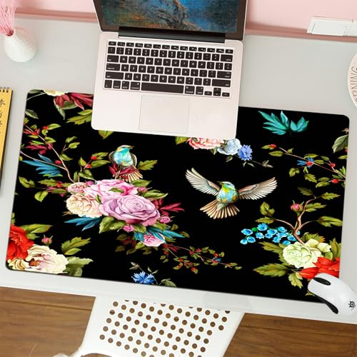 QRFASFZO Großer Mauspad - 80x30cm Gaming-Mauspad mit genähten Kanten, Nicht rutschender Unterlage,Rosen, Pfingstrosen, Wildblumen, Nachtigallen, Vögel, Maiglöckchen, Kornbl,Schreibtischmatte und Maus