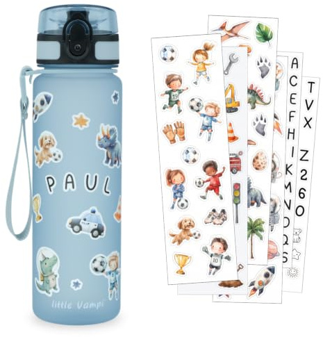 Little Vampi Trinkflasche Kinder Kohlensäure geeignet (500ml) – Auslaufsichere Kindertrinkflasche für Schule, Kita & Sport – BPA-frei & Spülmaschinenfest – Personalisiertes Geschenk mit Sticker-Set