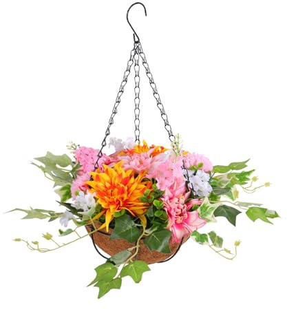 Flores artificiales colgantes en cesta – Planta falsa de crisantemo de seda para boda, hogar, decoración de fiestas – Arreglo de maceta de cadena realista