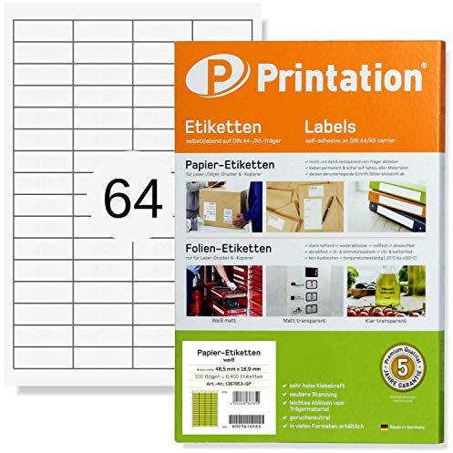 Printation Etiketten selbstklebend 48,5 x 16,9 mm - 6400 Klebeetiketten klein blanko matt weiß bedruckbar - 100 A4 Bogen à 4x16 48,5x16,9 Sticker - 64 Aufkleber pro Blatt - 3667 4226 4271 4607 48x16