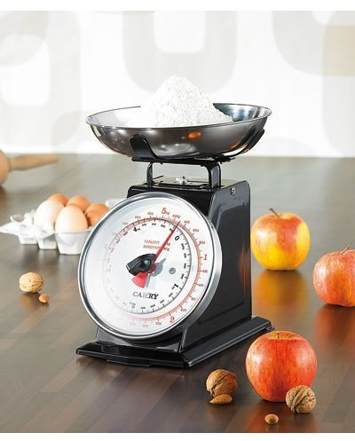 Rosenstein & Söhne Feinwaage analog: Analoge Retro-Küchenwaage bis 5 kg mit Tara-Funktion, schwarz, Metall (Kuechenwaage, Küchenwaage Vintage, Schüssel)