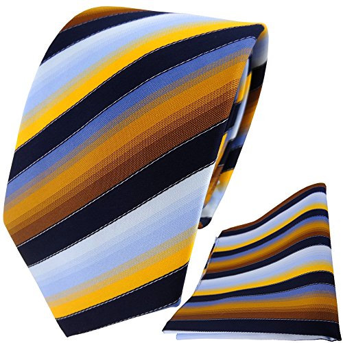 TigerTie Designer Krawatte Designer Einstecktuch in gelb orange kupfer blau hellblau marine gestreift