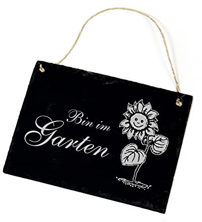 Bin im Garten Schild Schiefertafel Gravur mit Sonnenblume Schiefer Türschild 22x16cm | Dekolando