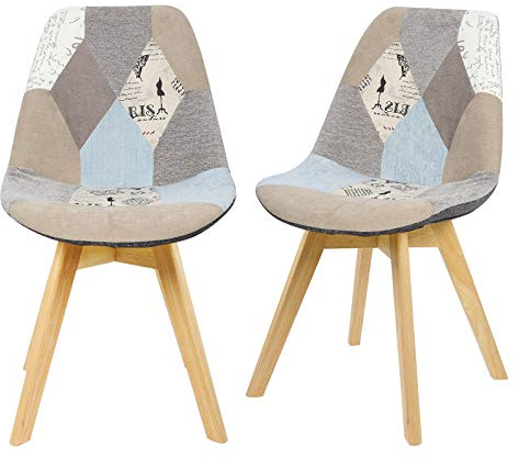 eSituro Linen Dining Chairs Set of 2 pcs Patchwork Kitchen Counter Corner Bedroom Dressing Chairs with Backrest and Solid Wood Legs for Office Lounge SDC0012