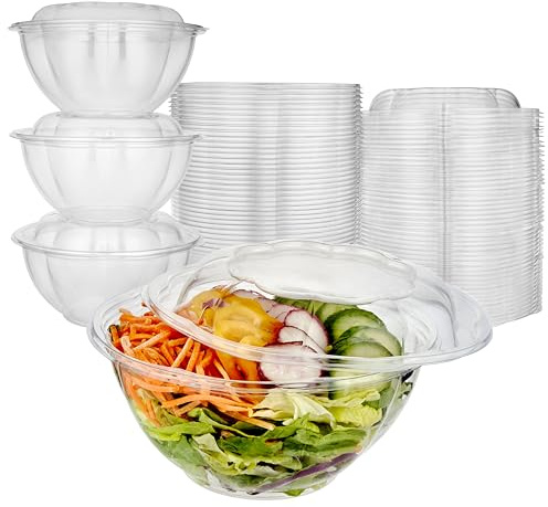 Stock Your Home 32oz Clear Plastic Salad Bowls with Lids Disposable (50 Pack) Medium Takeout Container with Snap on Lid for Fruit Salads, Quinoa, Lunch and Meal Prep, Acai Bowl, To-Go Party Containers