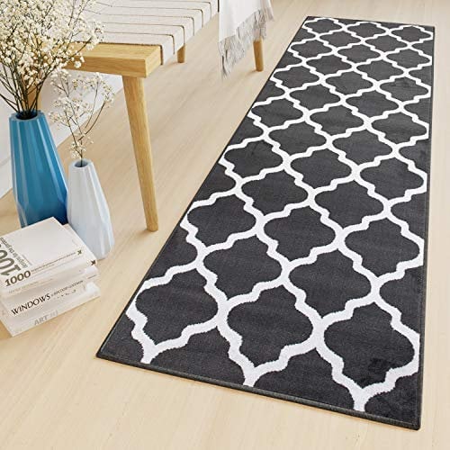 TAPISO Luxury Läufer Teppich Meterware Flur Kurzflor Brücke Modern Weiß Grau Geometrisch Marokkanisch Gitter Kleeblatt ÖKOTEX 80 x 200 cm