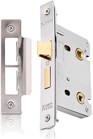 XFORT® Polished Chrome Bathroom Lock 75mm for Internal Wooden Doors, Mortice Door Lock for Bathroom, Door Latch Mechanism and Thumbturn Locking Door Security, CE Approved and Fire Rated Protection.