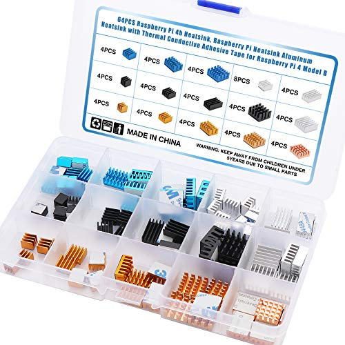 WiMas Kit de dissipateur thermique 64 pièces, dissipateurs thermiques en aluminium 15 tailles avec ruban adhésif conducteur thermique pour Raspberry Pi 4 B