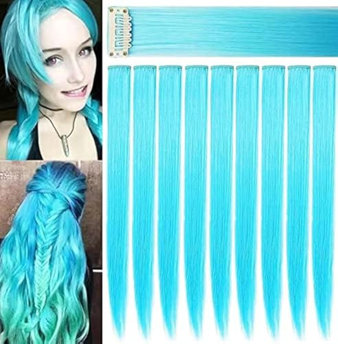 9pcs 21 Zoll Farbige Haarverlängerungen Party Highlights Blau Clip in/on Synthetische Glatthaar Perückenteile, Multicolors Haarschmuck Haarteile für Frauen Mädchen (Himmelblau)