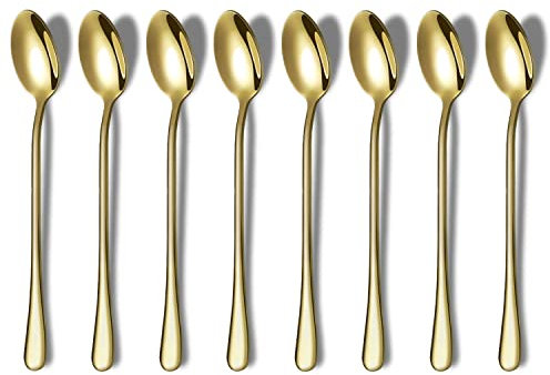 HOMQUEN Cuillère en Or à Long Manche, Agitateur à Café, Cuillère à Café en Acier Inoxydable de Qualité Supérieure, Cuillère à Thé Glacé, Cuillère à Crème Glacée, Cuillère à Cocktail, Lot de 8 (Doré)