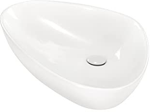 Lavabo sobre Encimera Triangular con Esquinas Redondeadas en Ceramica Brillante UNITI | 64x44x15 cm | Incluye Tapon Pop Up con Valvula de Desague Click Clack | Sin Taladro Grifo | Color Blanco