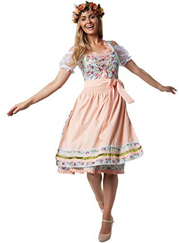 dressforfun Dirndl Damen Midi, Trachtenrock Trachtenkleid mit Schürze, Dirndlkleid mit Blumenmuster, Rüschen und Spitze, Trachtenmode Damen für Oktoberfest, mit Dirndl Bluse kombinierbar, türkis/rosa