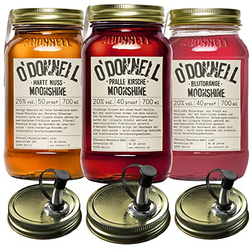 O'Donnell Moonshine Likör Set 3x 700ml Premium Likör (Made in Berlin) Fruchtiger Likör in Original Mason Jars + 3x Ausgießer – Harte Nuss Haselnusslikör, Blutorange & Cherry Kirschlikör