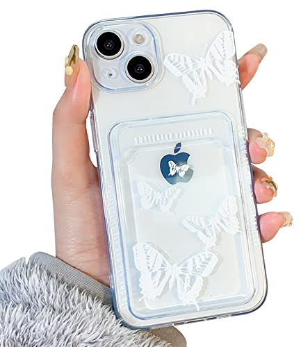 NITITOP Compatible for iPhone 13 Case Clear with Card Holder, Cute Butterfly Phone Cover for Women Girl, Protective Soft TPU Shock-absorbing Wallet Case for iPhone 13-White Butterfly
