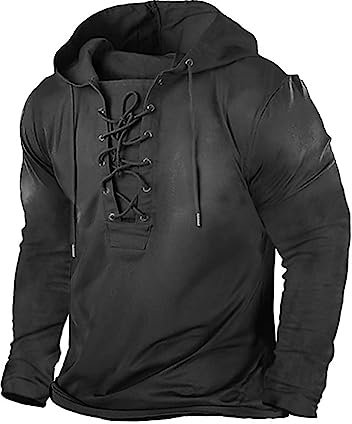 Beotyshow Herren Vintage Hoodie Langarm Shirt Männer Lace Up Hooded Langarmhemd Distressed Casual Outdoor Taktisch Pullover Hemd mit Kapuze 1-Schwarz L