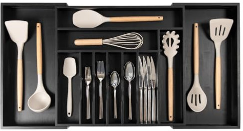 KitchenEdge Plateau à couverts et organisateur d'ustensiles pour tiroirs de cuisine, extensible jusqu'à 84 cm de large, 11 compartiments, 100% bambou