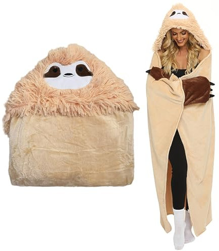 Sfit Faultier Kuscheldecke Faultier Geschenk für Frauen,Tragbare Decke mit Kapuze und Handschuhen Sofadecke Sloth Kuscheldecke Flauschig Cartoon Niedliches Warmer Wohndecke,Braun Faultier