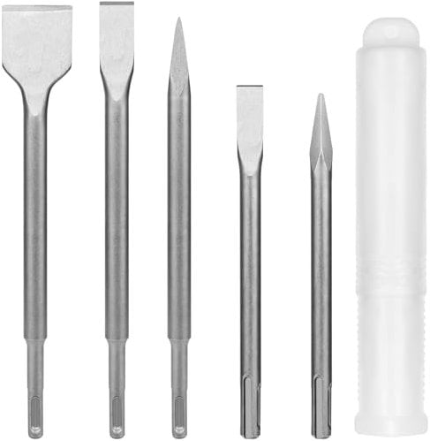 SDS Plus Hammer Chisel Set, 5 PCS SDS Plus Impact Drill Bit, Includes 3 Flat Chisel and 2 Point Chisel for Concrete, Tile, Brick, Cement, Stone and Masonry