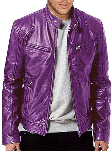 Vestes en Cuir Hommes Vintage PU Cuir Vestes Simple Similicuir Moto Blouson Bomber Blouson avec Fermeture Éclair Coupe-vent pour Automne Hiver, lilas, XXL