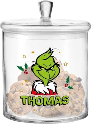 GRAVURZEILE Leonardo Keksglas mit UV-Druck - Grinch - Keksdose personalisiert mit Namen - Vorratsglas mit luftdichtem Deckel - Festliche Dekoration zu Weihnachten und Advent - Farbe: Grinch