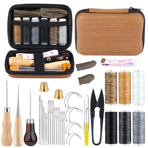 MASPHY 45 Piece Leder Nähen Set, Lederhandwerk Werkzeug Set, einschließlich Wachsfaden und Nadel, Nähgarn-Kit, Komplettes Zubehör, für Leder Nähen, Polsterung Reparatur Handwerk Projekte