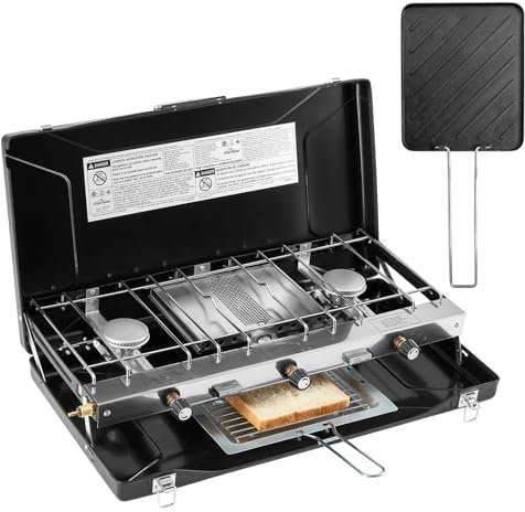 FineFlame Camping Stove 3 Burner 20400 BTU Propane Portable Stove with Griddle, Regulator, Toast Tray, Windshield for Car Camping BBQ Picnics Outdoor Cooking Camping Gas Stove