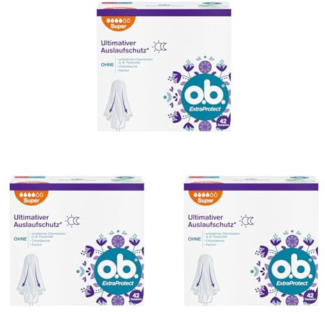 o.b. ExtraProtect Super, Tampons für starke Tage mit Dynamic Fit Technologie & extra Schutzflügeln, für ultimativen Auslaufschutz* (1 x 42 Stück) (Packung mit 3)