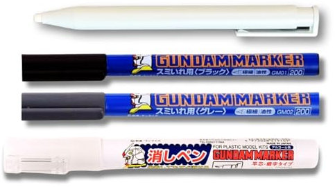 Someie GSI Creos Gundam Marker Ultra Fine for Panel Lining GM01 Black & GM02 Gray & Eraser Pen GM300 & Knock-Type Eraser