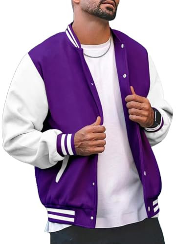 seiveini Giacca Baseball Uomo College Americano Varsity Jacket Unisex Bomber Giacca Old School Giubbotto Casuale Autunno Inverno Felpa Baseball in Stile retrò Streetwear A Viola L