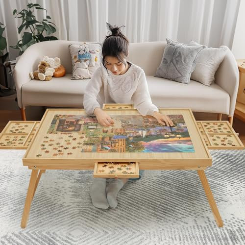 HALLYBEE Puzzletisch 1500 Teile Holz Puzzle Board mit Beinen, 87.1 cmx 67.3 cm Jigsaw Board mit 4 Schubladen und Abdeckung, Faltbarer Bein Puzzletisch für Erwachsene, Natur