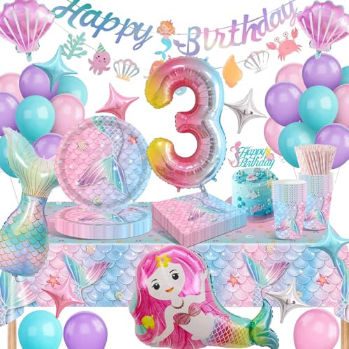 YEJIKJ Mermaid 3th Birthday Party Tableware Set - Decorations and Balloons for Girls (16 Guests)
