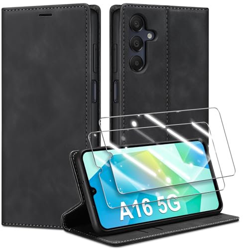 Guisessy Handyhülle für Samsung Galaxy A16 5G /4G Hülle Leder und 2 Schutzfolie, Premium Klappbar Flip Wallet mit Magnet Kartenfach Standfunktion Schutzhülle für Samsung A16 4G/5G, Schwarz