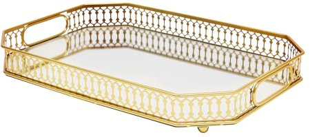 Spiegeltablett, Vintage Spiegel Tablett Metall Tablett Platte Verspiegelt Deko Rechteckig, 35x25cm Dekotablett als Schminktisch Aufbewahrung für Geburtstage, Hochzeiten, Muttertag, Gold