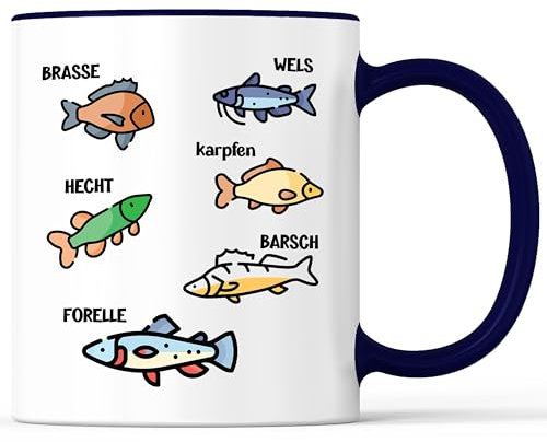 Tasse mit Spruch Fische Angeln Angler Fischen Becher Fliegenfischen Fischer - lustiges Geschenk - Kaffeebecher als Geschenkidee - Kaffeetasse 330ml - Weiss-Blau