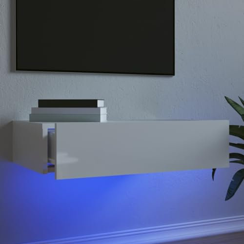 Modern High Gloss White Floating TV Stand with LED Lights and Storage Drawer 60 cm Wall Mounted Entertainment Center Shelf for Living Room