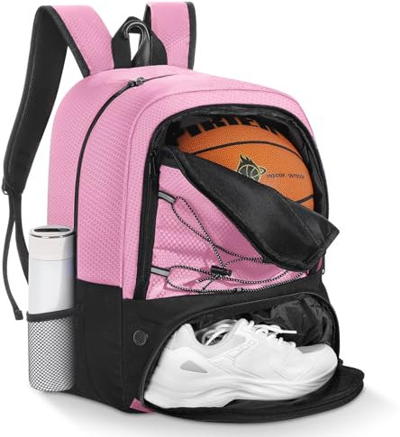 MoKo Sac à dos de sac de basket-ball, sac à dos de football pour hommes et femmes avec compartiments séparés pour le ballon et les chaussures, résistant à l’eau, crochet de clôture, sac de sport, Rose