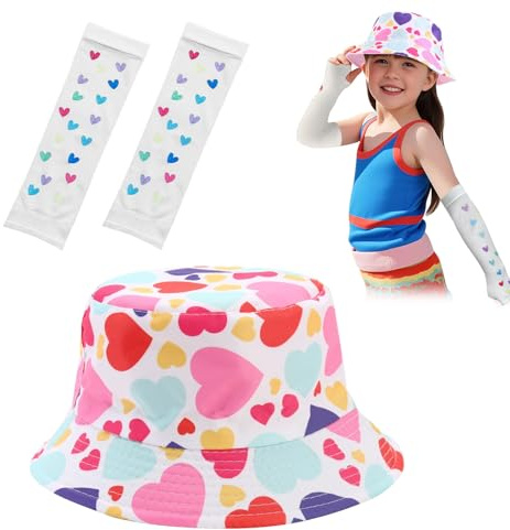 SwirlColor Mädchen Sonnenhut und Arm Ärmel Set, Nette Mädchen Herz Muster Eimer Hut mit Eis Ärmel Sommer Zubehör für Outdoor Strand Reisen