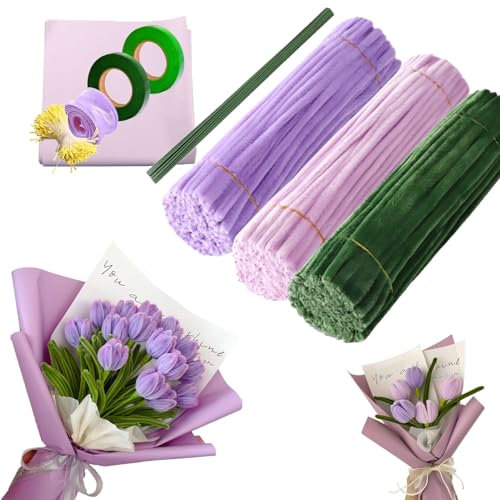 Silkwish 300 Stück Pfeifenreiniger Blumen Set Pfeifenputzer zum Basteln mit Floristenband, Blumendraht, Blumen Staubblatt, Floristenkrepp - DIY Blumenstrauß Geschenk für Mama, Freundin (Lila, Grün)